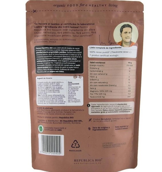 Cacao, pulbere ecologica pura Republica BIO, 200 g